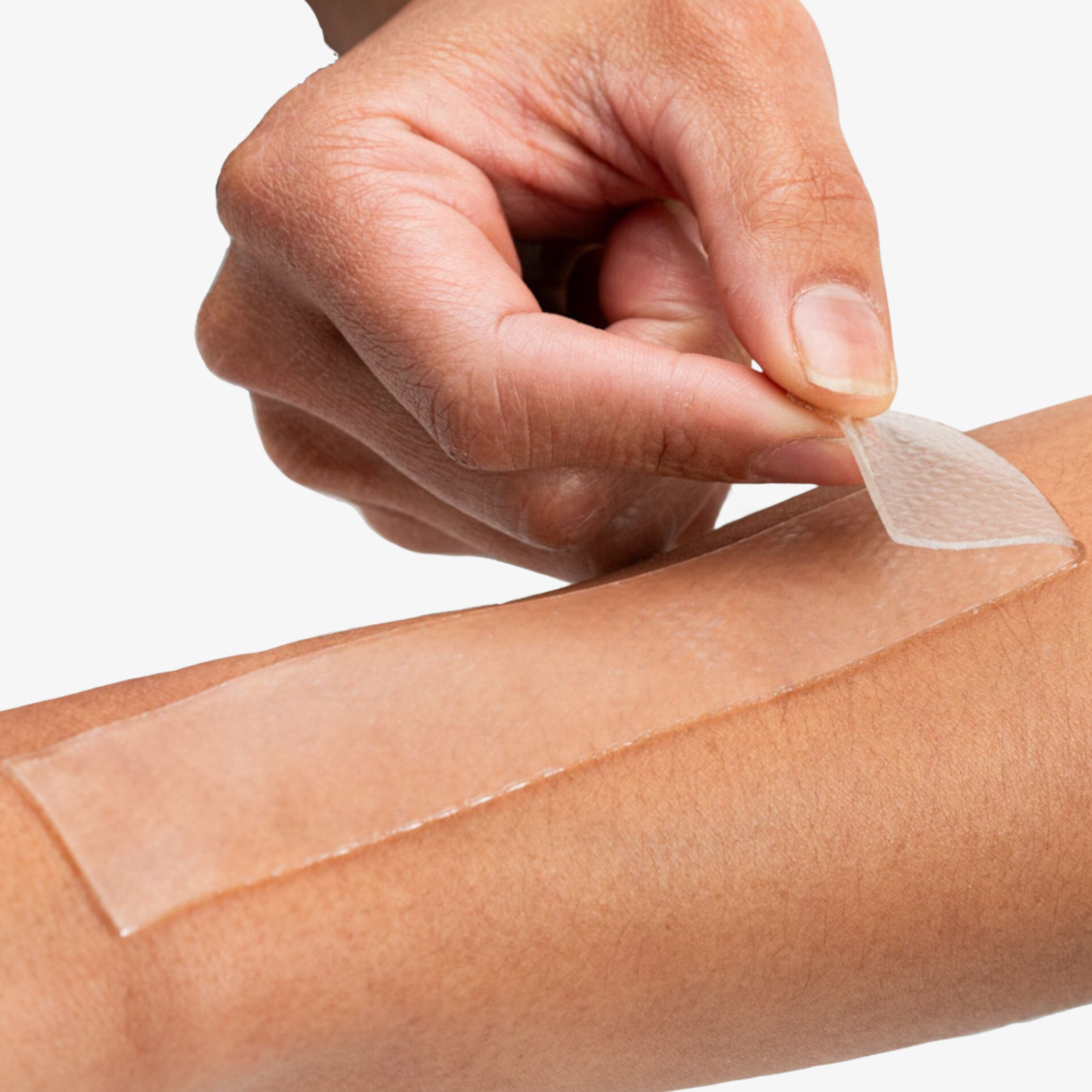 Advanced Medical-Grade Silicone Sheet Areola 1" x 6" strips on caucasian women's arm | clear